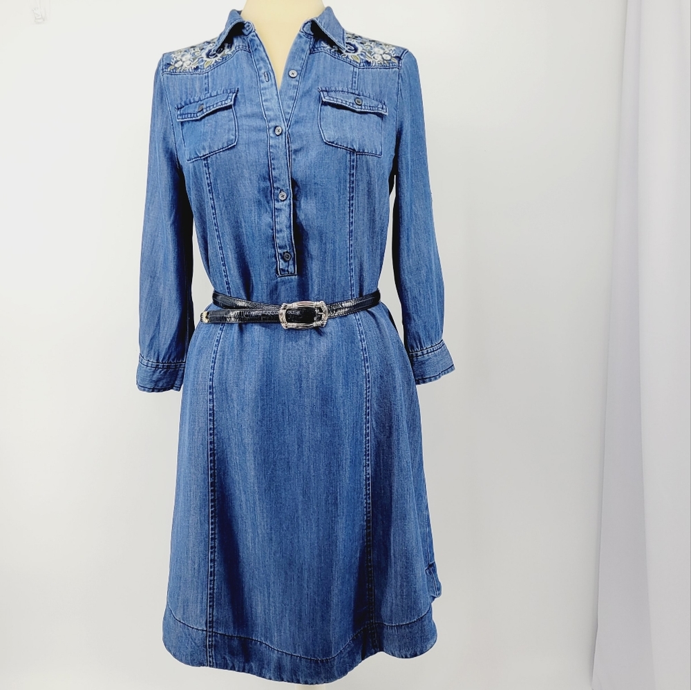 Reba Embroidered Denim Shirt Dress Size Small Blue